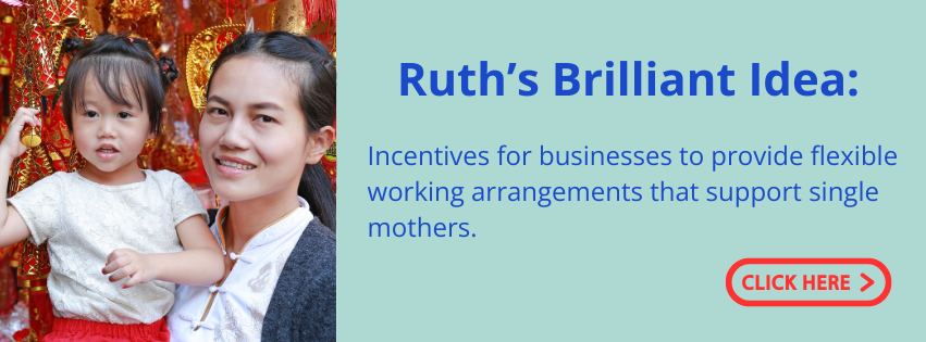 Woman with child. Ruth's brilliant idea. Incentives for employers to provide flexible working arrangements for single mothers